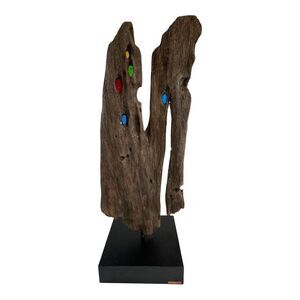 Unique Driftwood Sculpture With Colorful Glass Accents On Base Signed MCM Retro